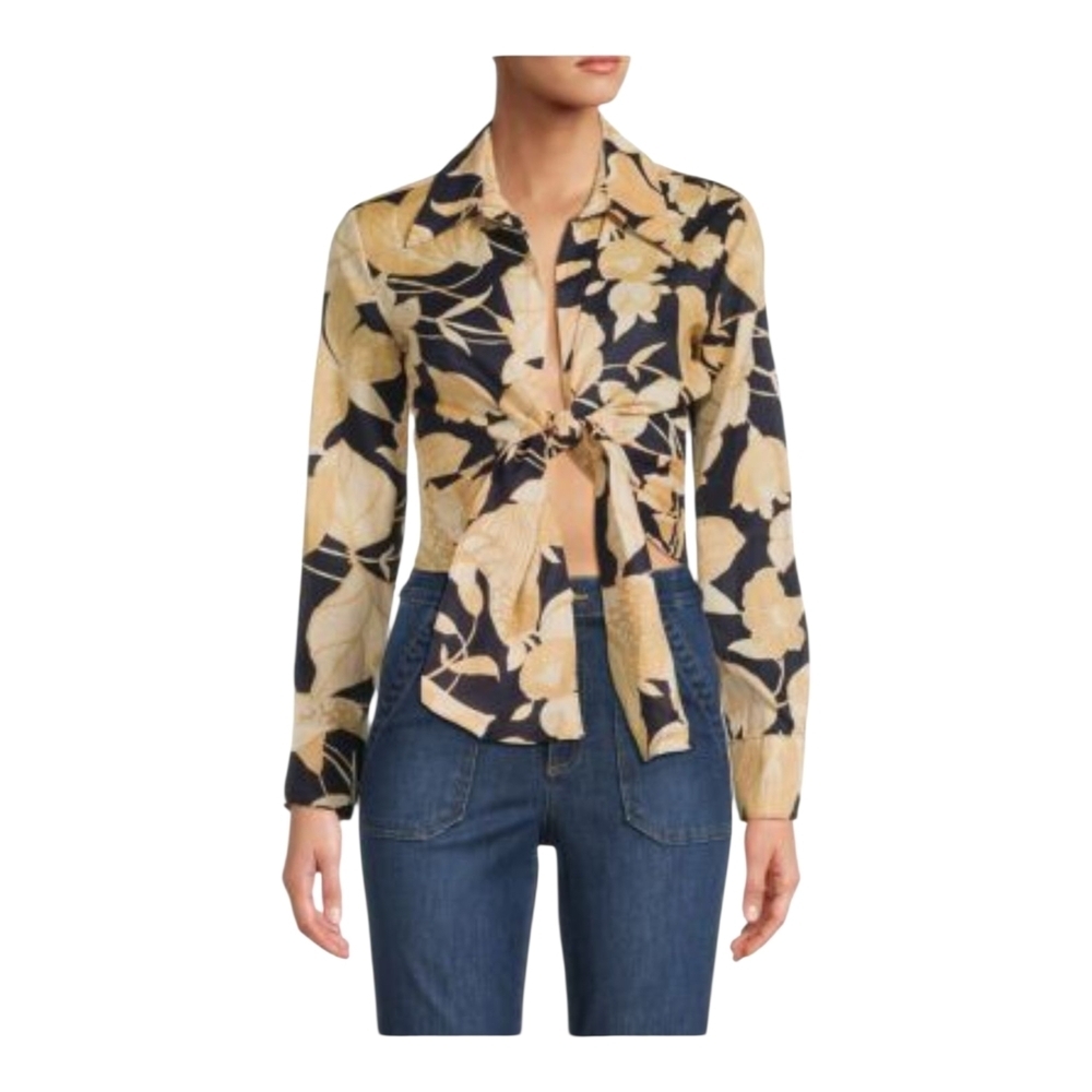 Reiss Yellow Corinne Print Linen Printed Tie Waist Shirt Blouse - Size 2